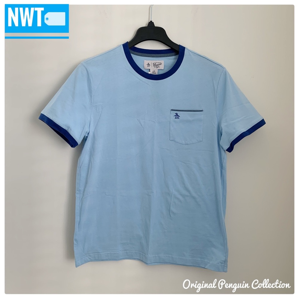 🐧(NWT) ORIGINAL PENGUIN Light Blue with Dark Blue Trim Colored Pocket Tee Shirt